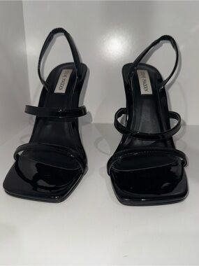 Steve Madden Black Patent Strappy Square-Toe Slingback Heels